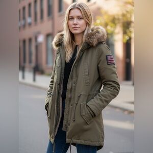 TRUE RELIGION Shirt Jacket Military Parka Embroidered Patched Fur Line Women’s L